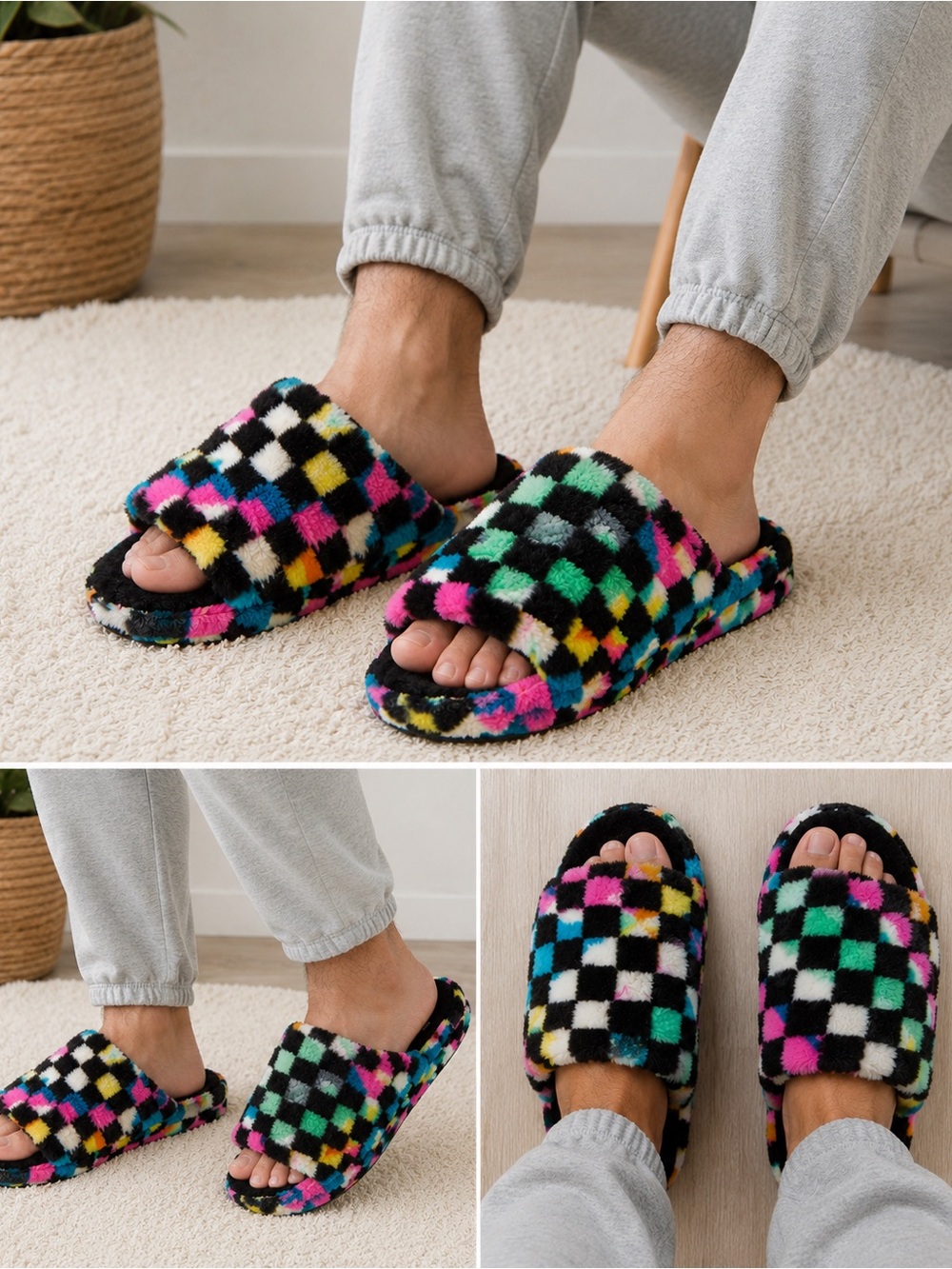 UGG Multicolor Checkerboard Faux Fur Slippers Size 4